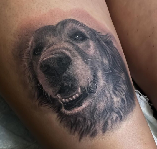 Golden Retriever Tattoo, Dog Portrait, Dog Portrait Tattoo, Cesar Perez, Black and Grey Realism