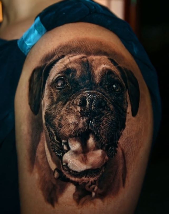 Mastiff Tattoo, Dog Portrait Tattoo, Cesar Perez, Black and Grey Realism
