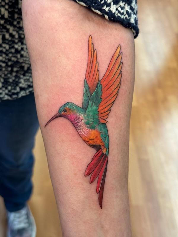 reko, tattoo artist, new hampshire, color tattoo, hummingbird, bird, teal, orange, red